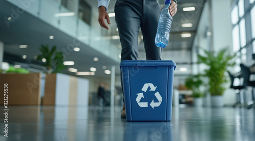 Closeup of a man in an office throwing plastic bottle into recycling bin