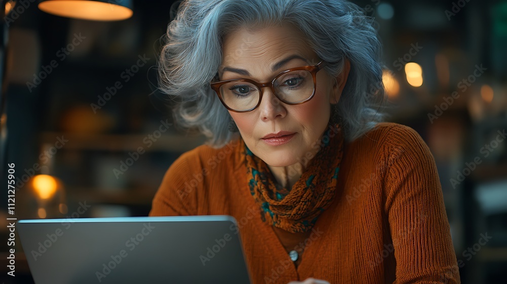 Focused senior woman using laptop in cozy home office setting Focused senior woman using laptop in cozy home office setting