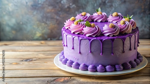 Delicious and visually stunning cake topped with violet icing and decorations, violet, cake, dessert, food, vibrant