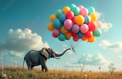 Elephant floats in glade with colorful balloons. Surreal whimsical scene. Animal levitates in grassy field full of flowers. Joyful, imaginative. Perfect for kids products, travel, adventure themes photo