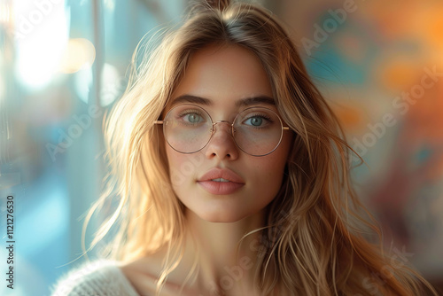 Young caucasian woman with blonde hair and glasses