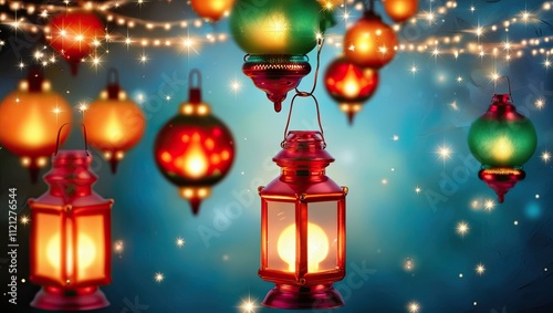 Glowing Christmas Lanterns and Stars with Sparkling Bokeh on Midnight Blue