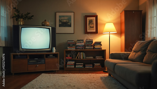 Cozy retro living room with vintage technology. Nostalgia, the 80s and 90s, or the history of media.