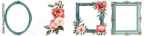 Wedding watercolor and groom delicate, A collection of decorative frames, featuring floral designs and varying shapes, ideal for showcasing artwork or photographs.