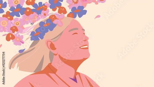 Illustration of a beautiful girl with flowers in her hair on a pink background