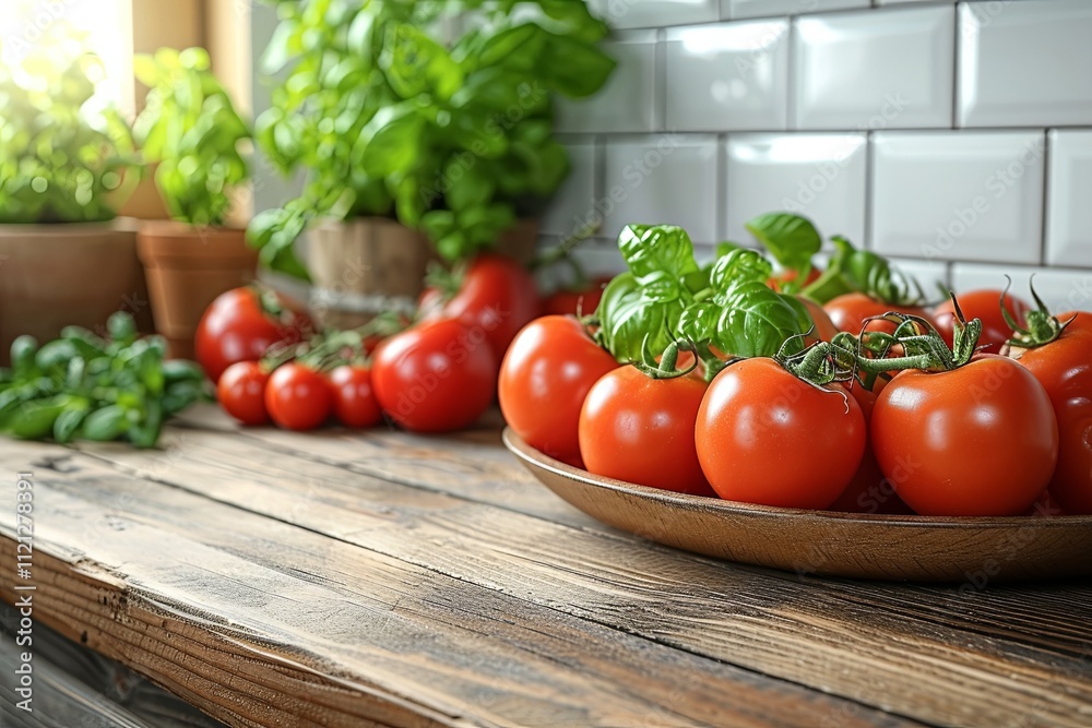 Wooden table with bowl of tomatoes and basil Wooden table with bowl of tomatoes and basil
