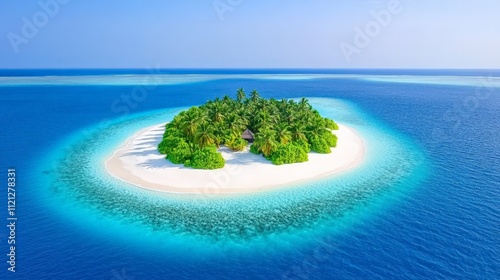 Tropical Paradise: A serene island oasis, a tiny speck of paradise in the vast expanse of the azure ocean. Lush greenery, pristine white sand.