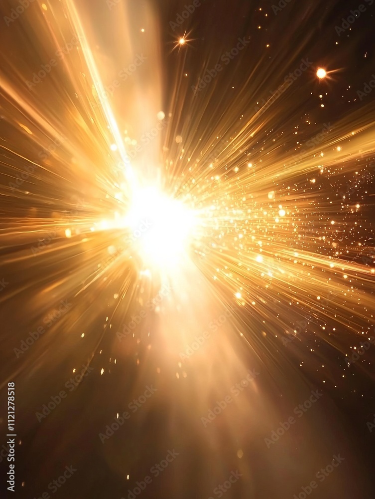 A dazzling explosion of light and energy, radiating golden rays and particles, creating a mesmerizing cosmic effect. A dazzling explosion of light and energy, radiating golden rays and particles, creating a mesmerizing cosmic effect.