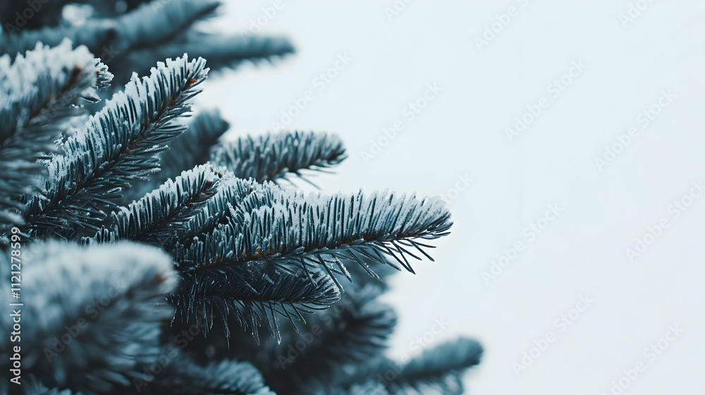 Close-up of frosted evergreen branches against a soft blue background. Close-up of frosted evergreen branches against a soft blue background.