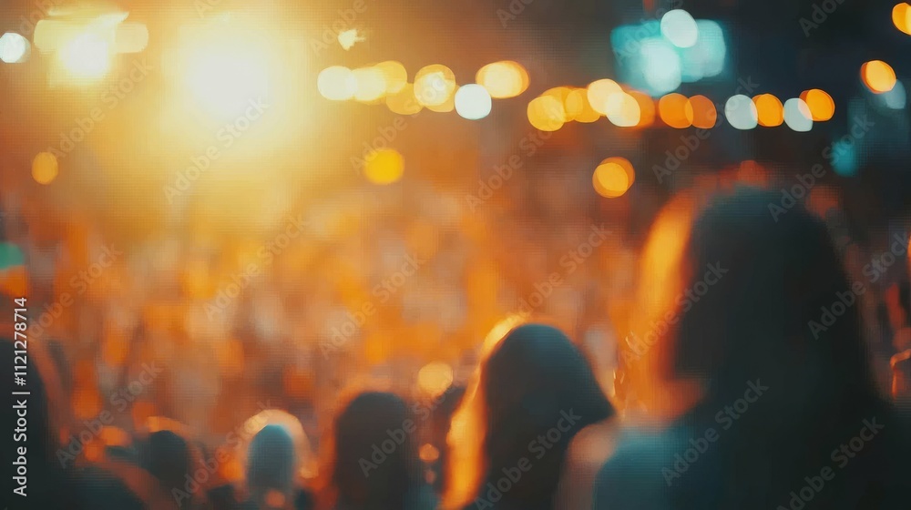Fototapeta premium A vibrant crowd at a concert, illuminated by bright lights, creating a lively and energetic atmosphere.