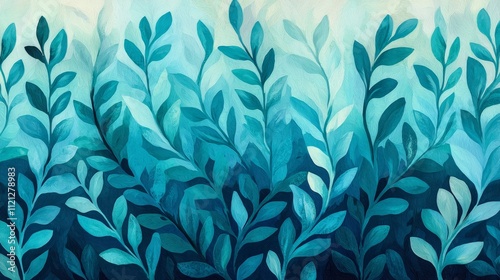 A serene abstract painting featuring layered, teal leaves against a soft, light background, creating a calming atmosphere.