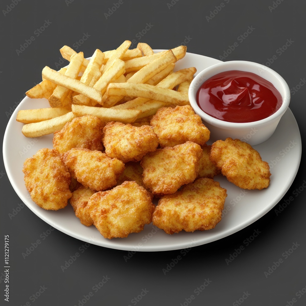 Crispy chicken nuggets served with french fries and ketchup. Crispy chicken nuggets served with french fries and ketchup.