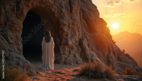 Woman stands before tomb at dawn. Emotional moment filled with hope. Biblical scene evokes faith, reflection in early morning light. Religious imagery portrays sorrowful transition to new beginning.