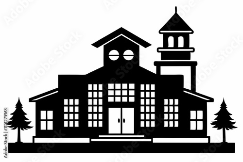 School Building silhouette black vector illustration and white background