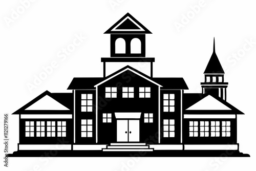 School Building silhouette black vector illustration and white background