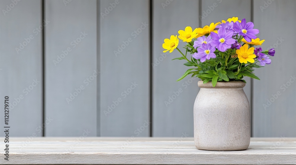 Rustic Charm: Yellow and Purple Flowers in a Stone Vase Rustic Charm: Yellow and Purple Flowers in a Stone Vase