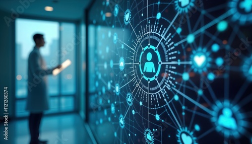 Wallpaper Mural Healthcare facility backdrop shows doctor looking at digital network graphic. Dynamic system illustrates predictive analytics. Focus on preventative healthcare. Image offers copy space for text Torontodigital.ca