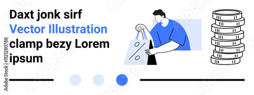 Person placing items in a shopping bag with stacked coins symbolizing savings. Ideal for e-commerce, financial planning, online shopping, retail management, budgeting, consumer behavior, digital