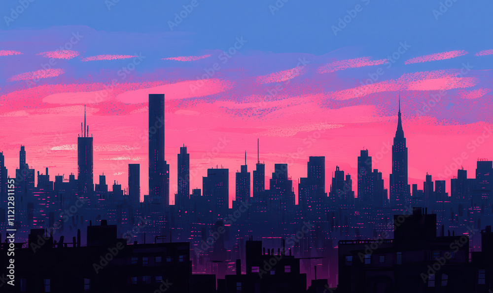 Vibrant Urban Skyline with Pink and Blue Twilight Hues Vibrant Urban Skyline with Pink and Blue Twilight Hues