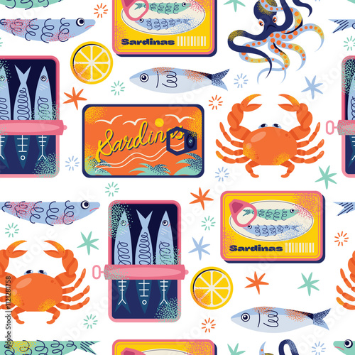 Seamless pattern of orange crabs and lemon slices on background. Flat vector illustration. Seafood and culinary concept. Design for wallpapers, textiles, and packaging.