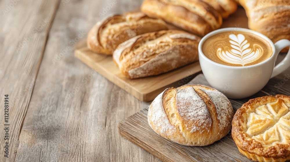 A cozy arrangement of fresh pastries and a latte art coffee cup on a rustic wooden table, showcasing a delightful breakfast spread. A cozy arrangement of fresh pastries and a latte art coffee cup on a rustic wooden table, showcasing a delightful breakfast spread.