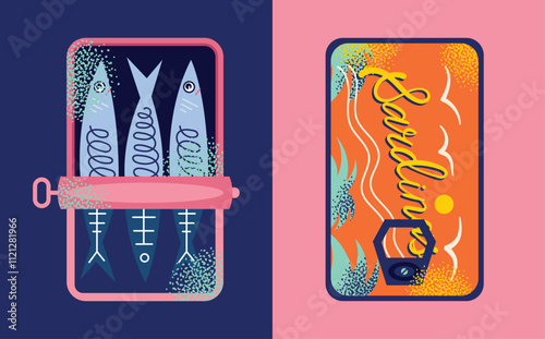 Sardines, seafood packaging, crab, octopus, and lemon slices. Flat vector graphics illustration isolated on background. Seafood and marine life concept. Design for posters, stickers, and package