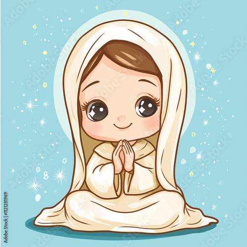 Cute Mother Mary chibi cartoon, digital art illustration. Generative AI.