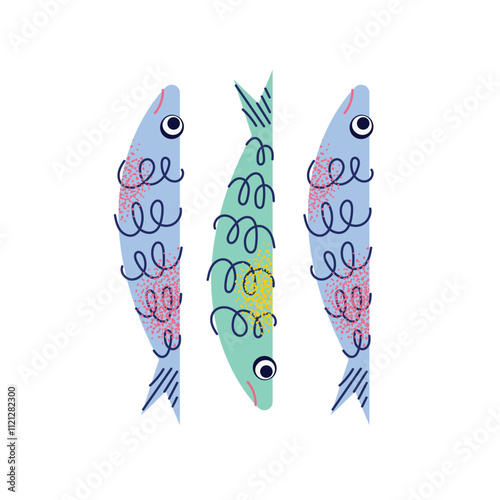 Sardines, seafood packaging, crab, octopus, and lemon slices. Flat vector graphics illustration isolated on white background. Seafood and marine life concept. Design for posters, stickers, and package