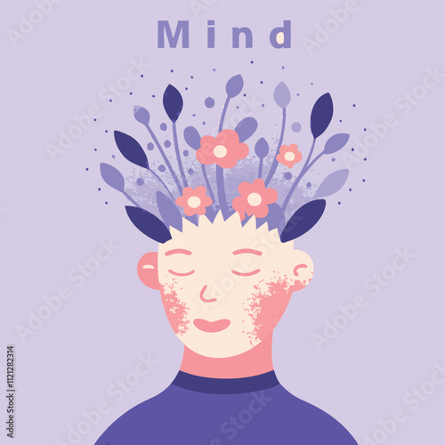 Vector illustration of a man with flowers in his head. Mind and mind concept.