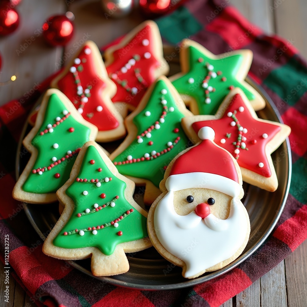 Decorated Sugar Cookies in the Shape of Christmas Trees Stars and Santa Claus Faces Ready for the Holiday Celebration Decorated Sugar Cookies in the Shape of Christmas Trees Stars and Santa Claus Faces Ready for the Holiday Celebration