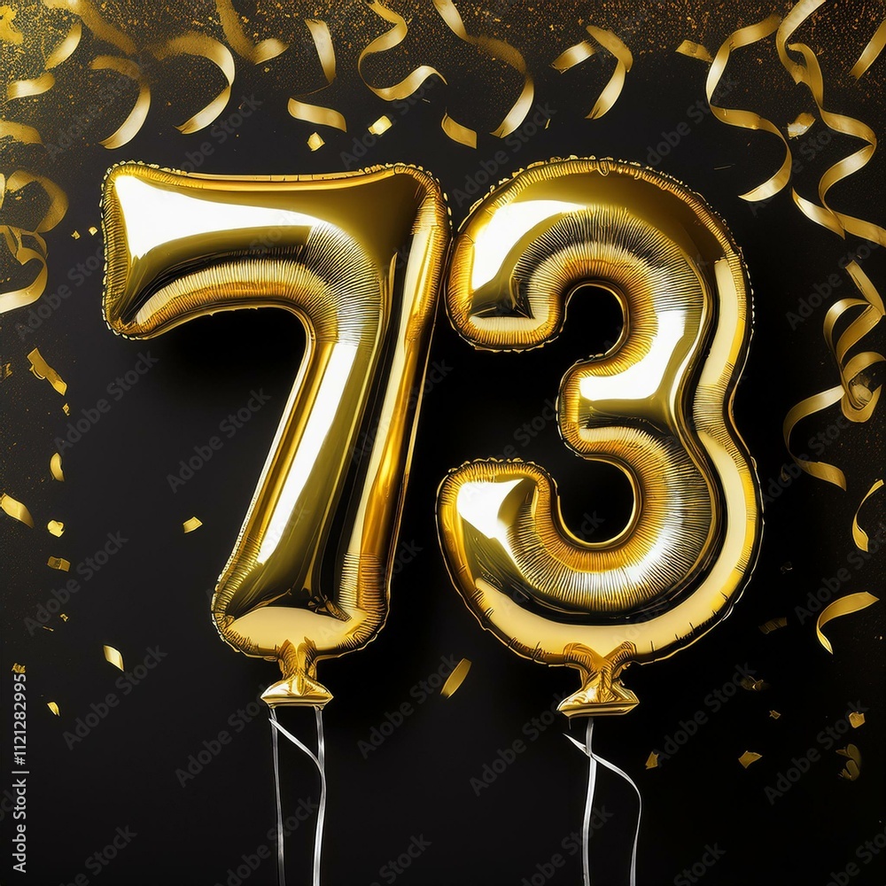 Gold birthday / anniversary balloon, number 73, black background with confetti Gold birthday / anniversary balloon, number 73, black background with confetti
