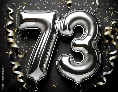 Silver birthday / anniversary balloon, number 73, black background with confetti photo