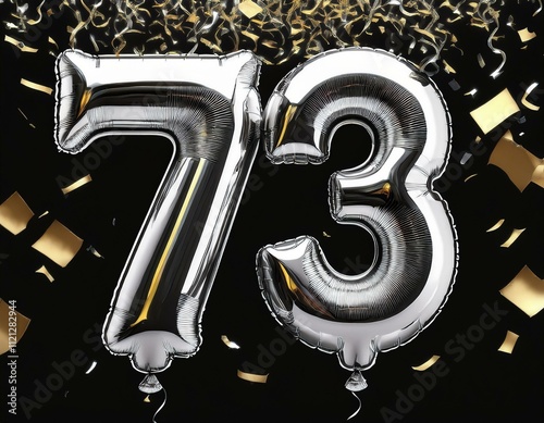 Silver birthday / anniversary balloon, number 73, black background with confetti photo