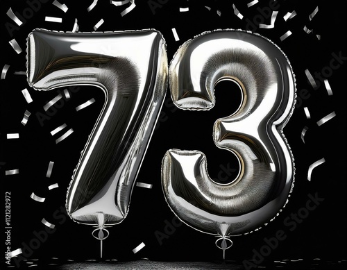 Silver birthday / anniversary balloon, number 73, black background with confetti photo