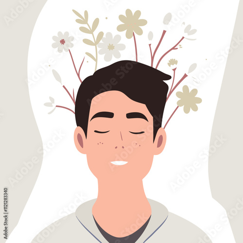Young man with closed eyes and flowers on his head. Vector illustration.