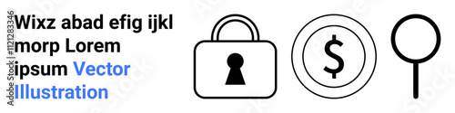 Combination of text Wixz abad efig ijkl morp Lorem ipsum Vector Illustration, a locked padlock, a currency symbol, and a magnifying glass. Ideal for security, finance, search, protection, encryption