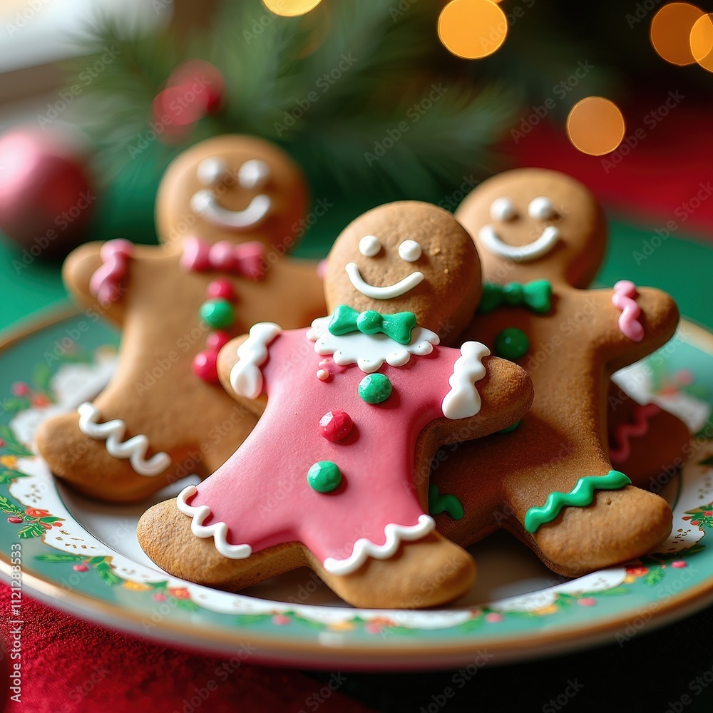Gingerbread Men and Women Cookies with Icing and Colorful Decorations on a Festive Plate Ready for Holiday Enjoyment Gingerbread Men and Women Cookies with Icing and Colorful Decorations on a Festive Plate Ready for Holiday Enjoyment