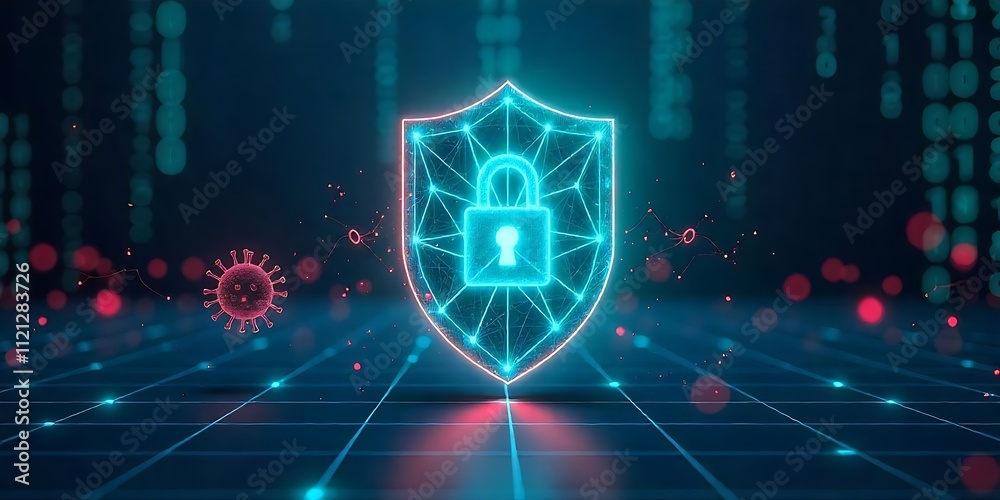 Fototapeta premium Shield Icon with Digital Lock Symbol in Glowing Blue Cybersecurity Design on Futuristic Technology Background with Binary Code and Network