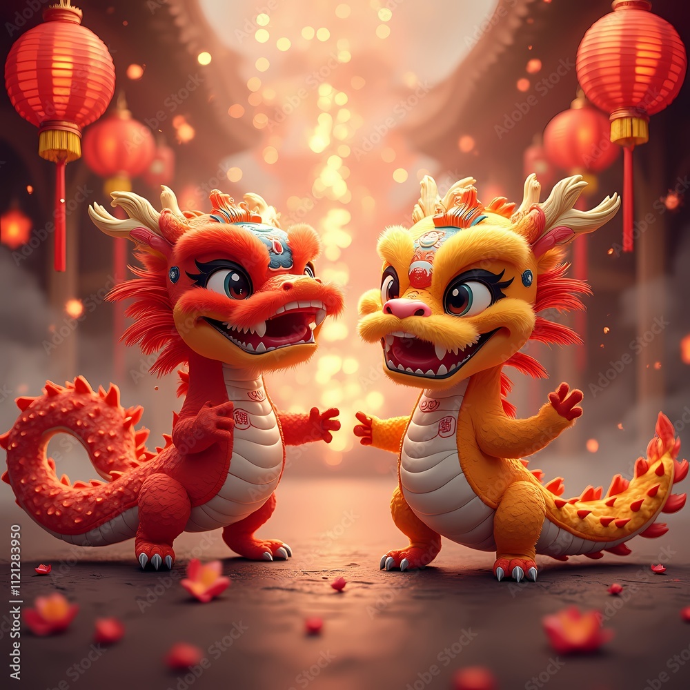 Fototapeta premium Vibrant Chinese New Year, Dragons, Fireworks, Traditional Costumes