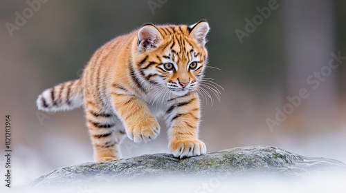 Tiny Tiger Cub: A young Siberian tiger cub explores its snowy surroundings, showcasing its playful nature and undeniable charm. photo