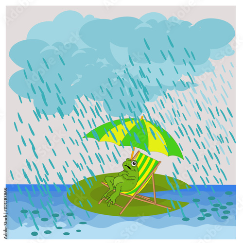 Grenouille assise sur une chaise-longue, sur une feuille de nénuphar sous un parasol avec  ciel orageux et forte pluie