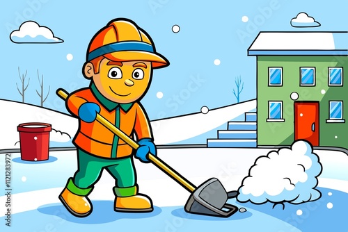 Cool young smiling janitor removes snow with a shovel in the yard photo