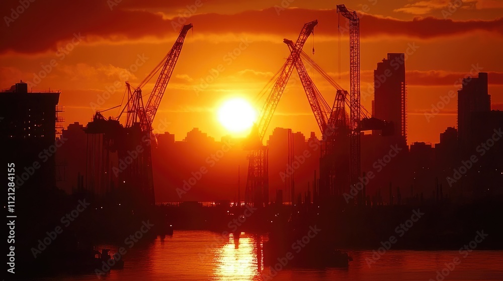 Obraz premium Construction cranes silhouetted against the fiery hues of a setting sun, framing a developing urban skyline