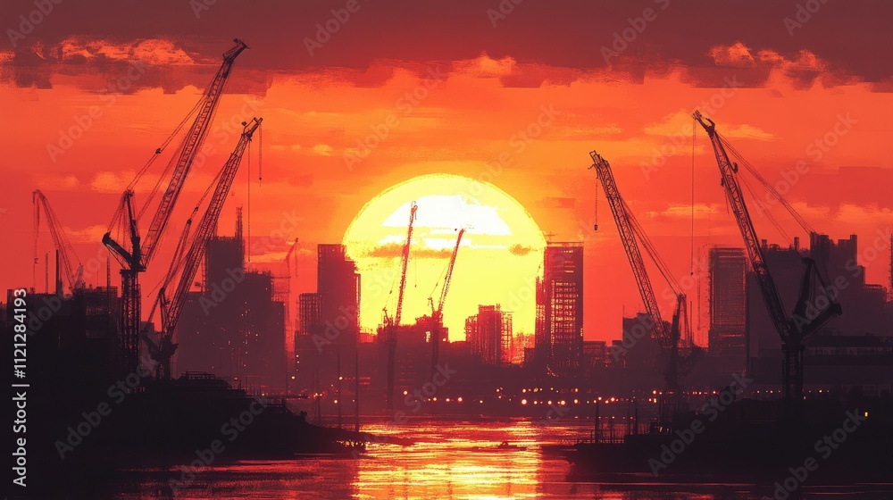 Obraz premium Construction cranes silhouetted against the fiery hues of a setting sun, framing a developing urban skyline