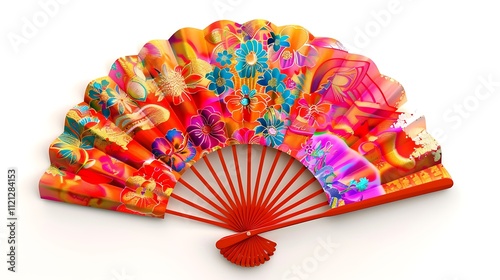 A colorful traditional fan with cultural patterns on white background.
