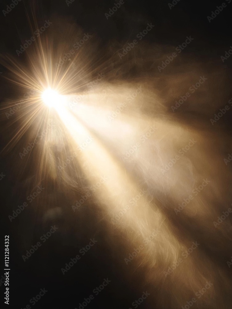 Obraz premium A bright beam of light pierces through dark, smoky air, creating a dramatic and ethereal atmosphere.