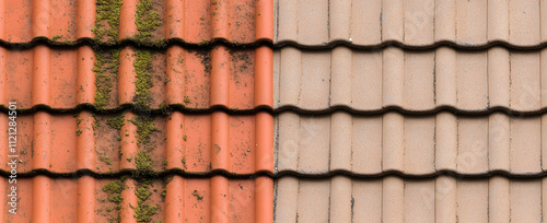 Roof tiles with a contrasting appearance: one side clean and the other side dirty, illustrating the impact of cleaning or weather exposure on roofing materials