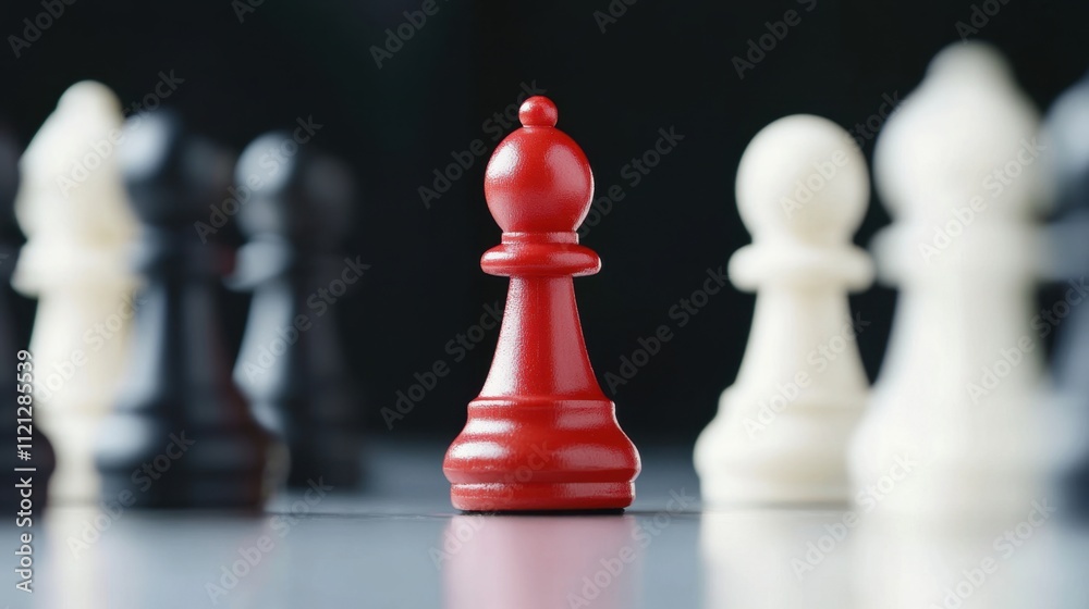 Unique Red Pawn Surrounded by Black and White Chess Pieces on a Table Unique Red Pawn Surrounded by Black and White Chess Pieces on a Table