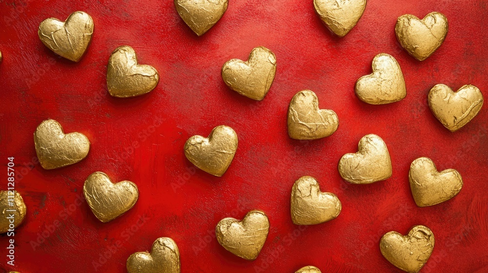 Elegant golden heart shapes scattered across a bold red surface, creating a romantic and celebratory visual theme. Elegant golden heart shapes scattered across a bold red surface, creating a romantic and celebratory visual theme.