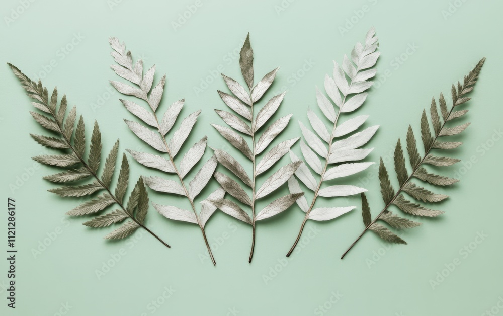 Naklejka premium 緑の背景に配置された様々な形状の葉のアレンジメント